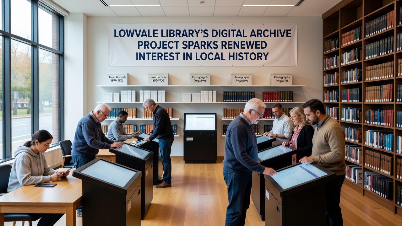 Community members examining digitized historical maps and photographs on library computers during an open house event